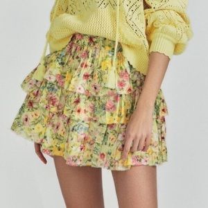LoveShackFancy Brynlee Ruffle-Tiered Yellow Floral Rainbow Skies Skirt